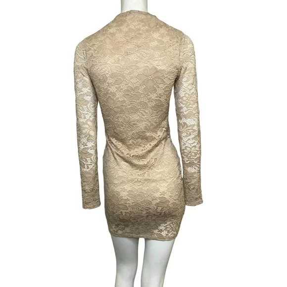 WTD Lace Bodycon Long Sleeve Mini Dress Champagne Beige Size Large NWT - Picture 2 of 4